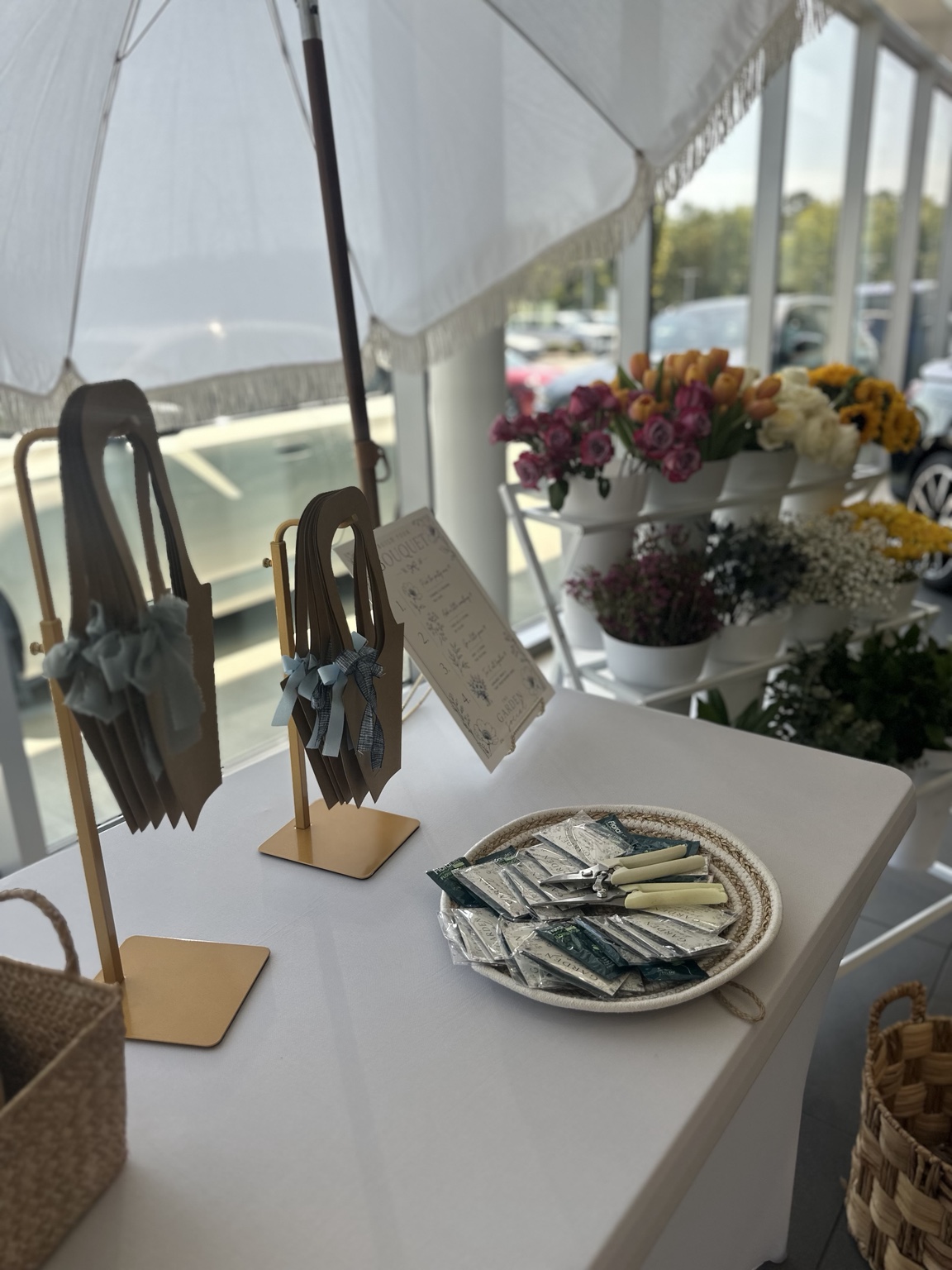 Styled bouquet wrapping station at The Garden Social NC